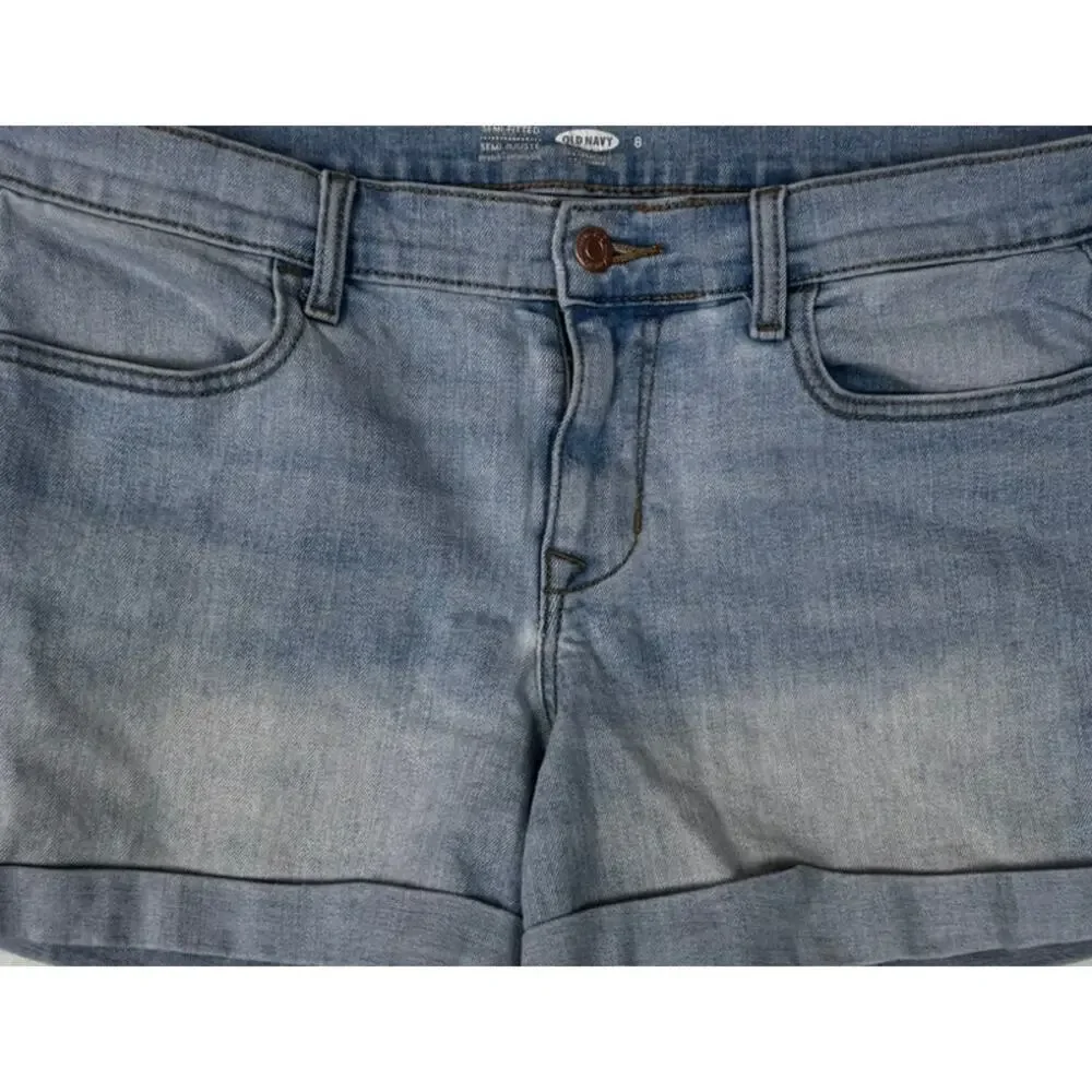 Old Navy Size 8 Semi-Fitted Blue Stretch Denim Cuffed Jean Shorts