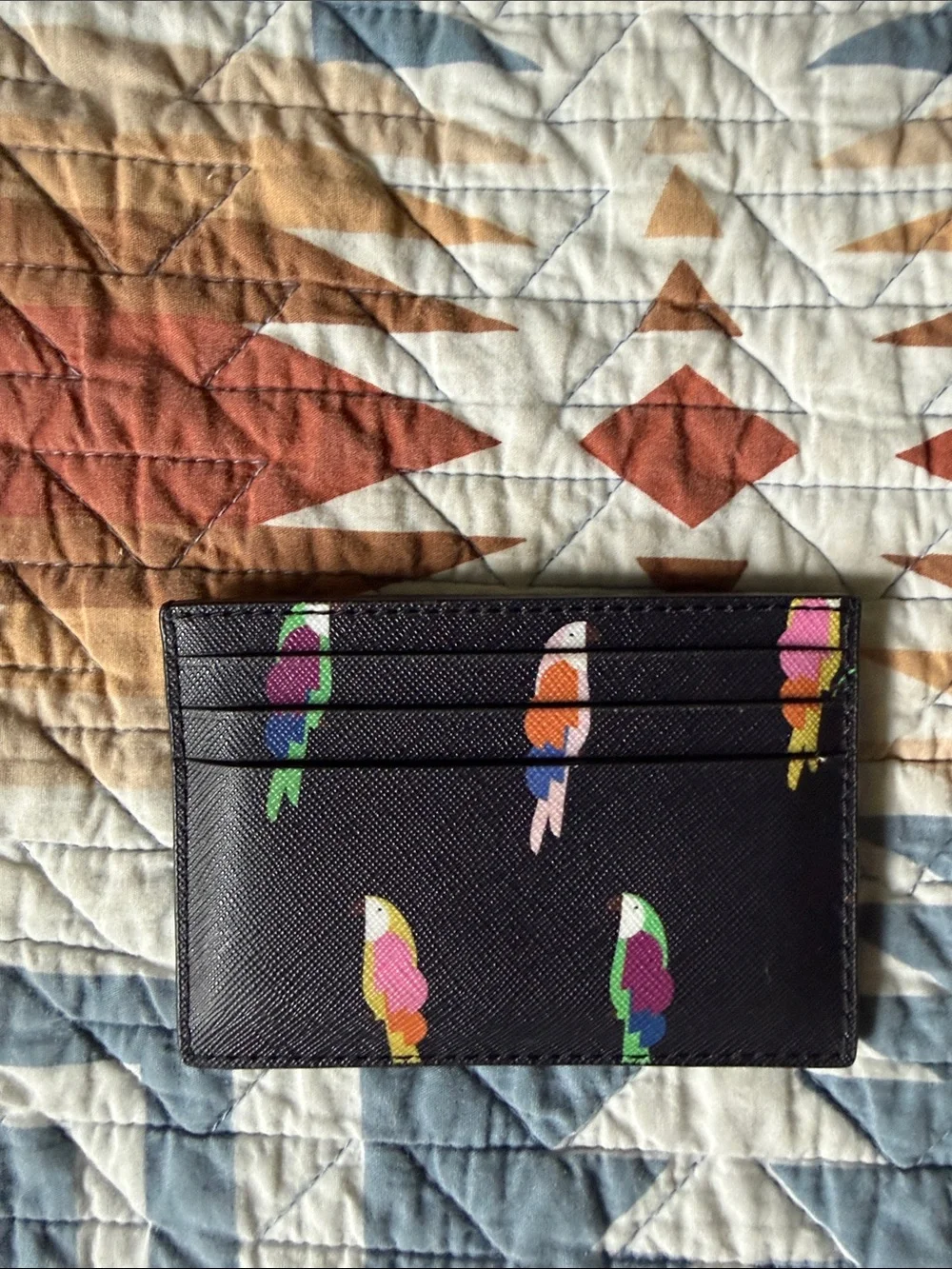 kate spade Black Card Holder with Colorful Parrot Print