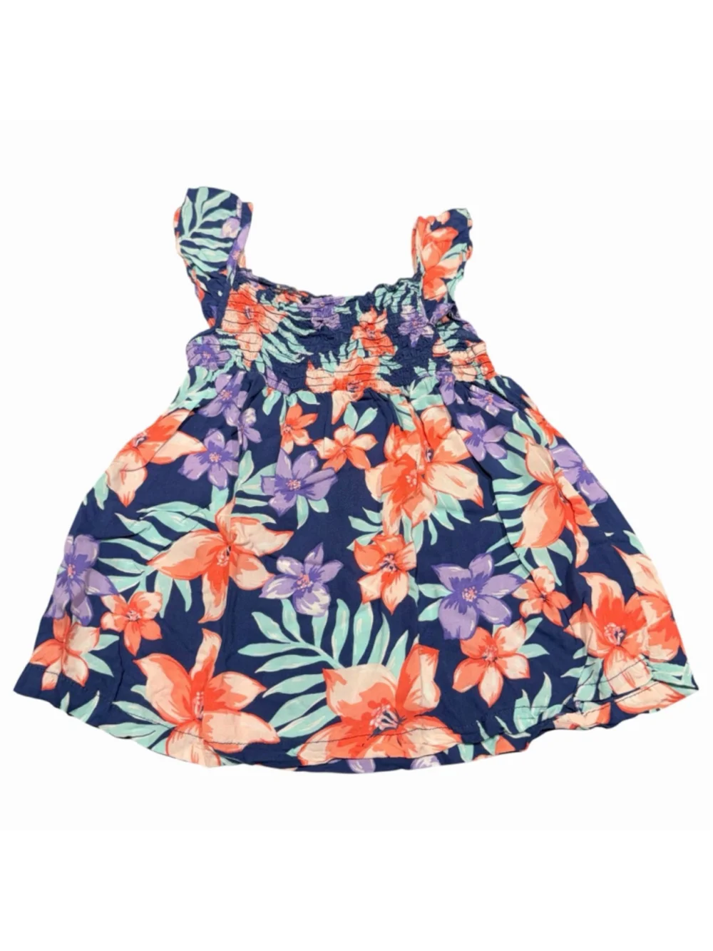 Carter’s Girls Tropical Floral Smocked Sleeveless Blouse Top Navy Blue Pink Sz 6