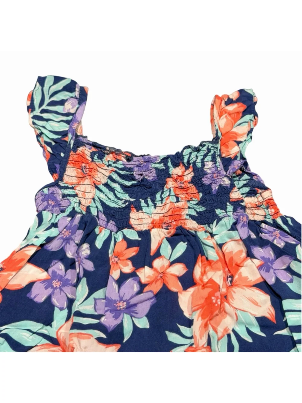Carter’s Girls Tropical Floral Smocked Sleeveless Blouse Top Navy Blue Pink Sz 6