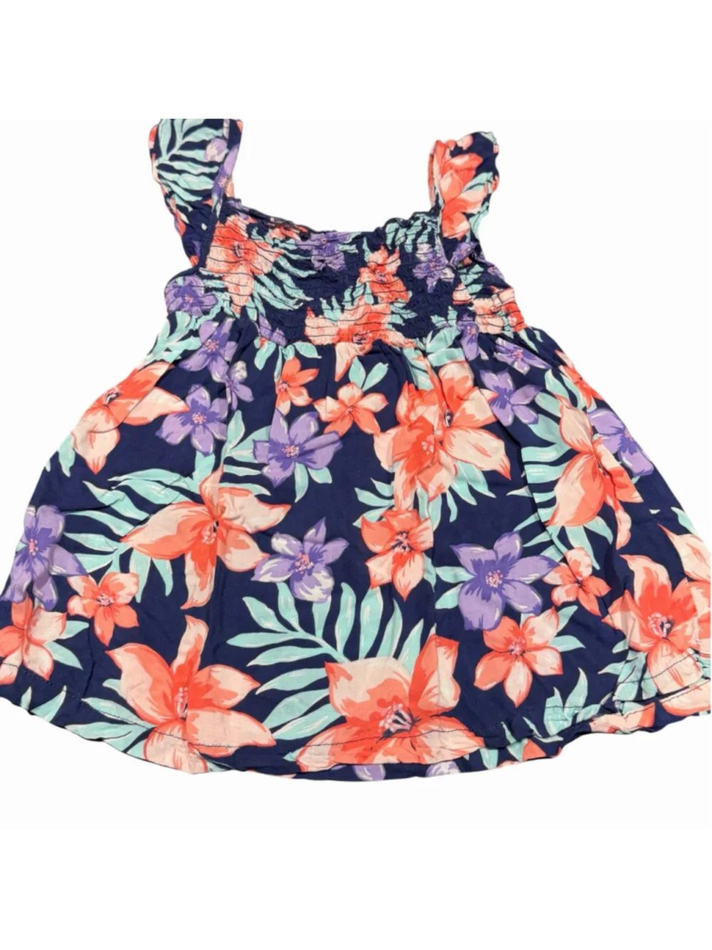 Carter’s Girls Tropical Floral Smocked Sleeveless Blouse Top Navy Blue Pink Sz 6