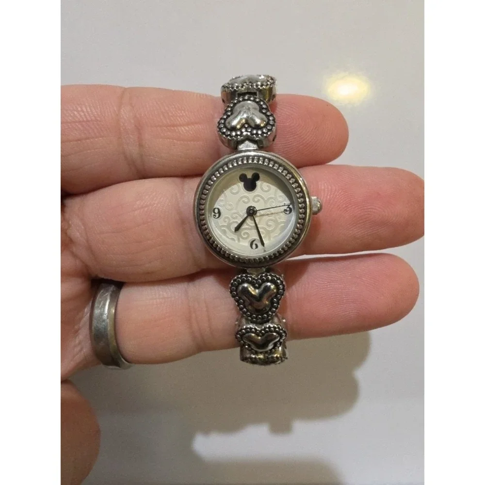 Elegant Disney Ladies Mickey Mouse Shaped Band Watch Faux Diamonds Silver Tone
