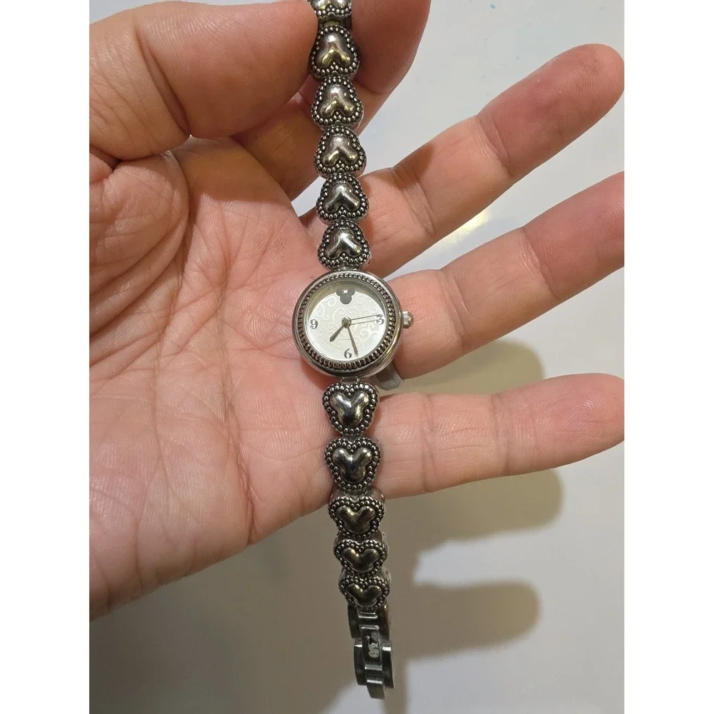 Elegant Disney Ladies Mickey Mouse Shaped Band Watch Faux Diamonds Silver Tone