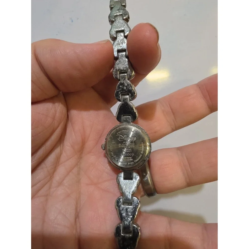 Elegant Disney Ladies Mickey Mouse Shaped Band Watch Faux Diamonds Silver Tone