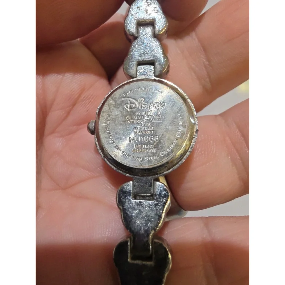 Elegant Disney Ladies Mickey Mouse Shaped Band Watch Faux Diamonds Silver Tone