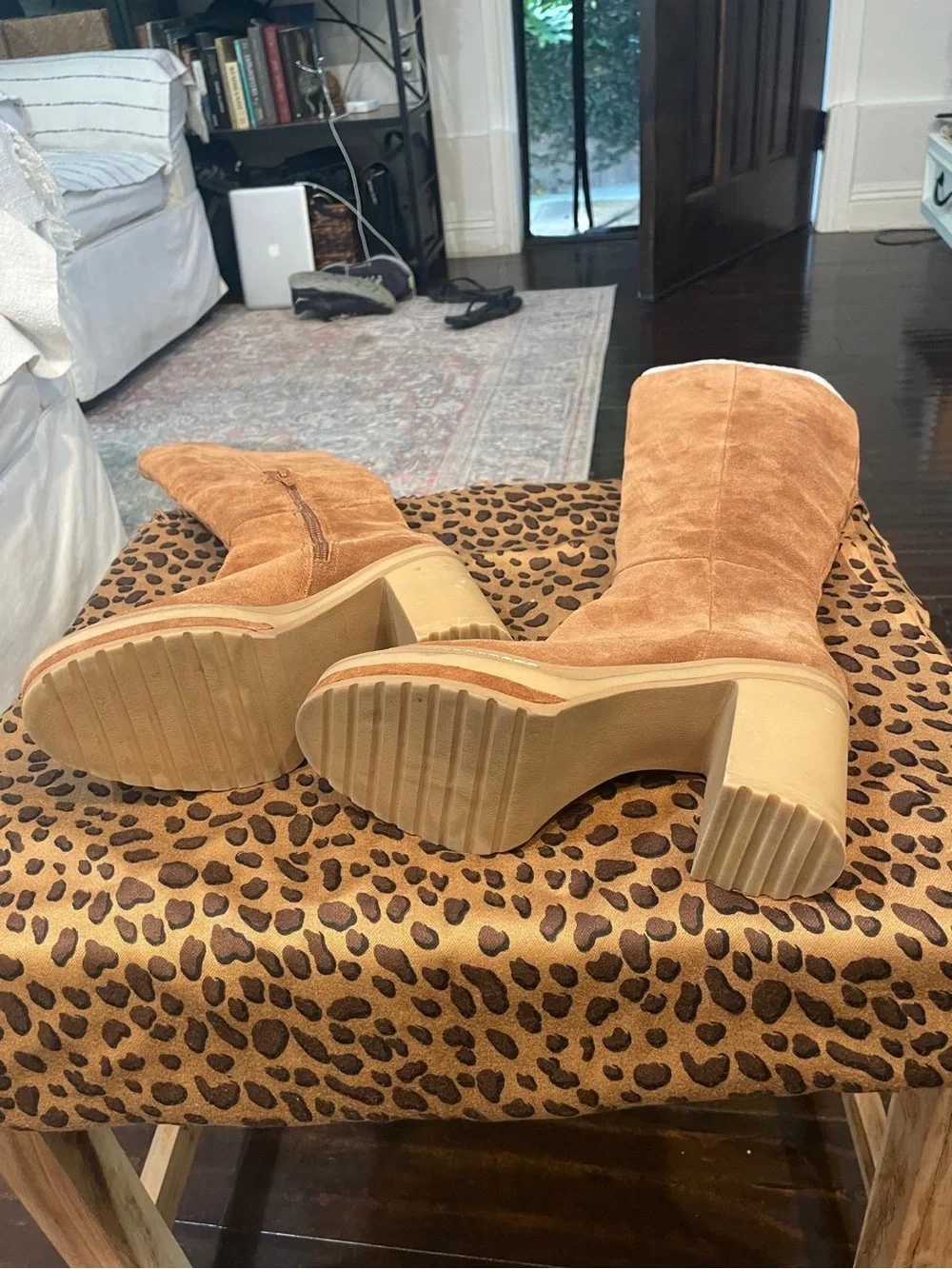 Women's Knee-High Platform Block Heel Boots in Brown Suede