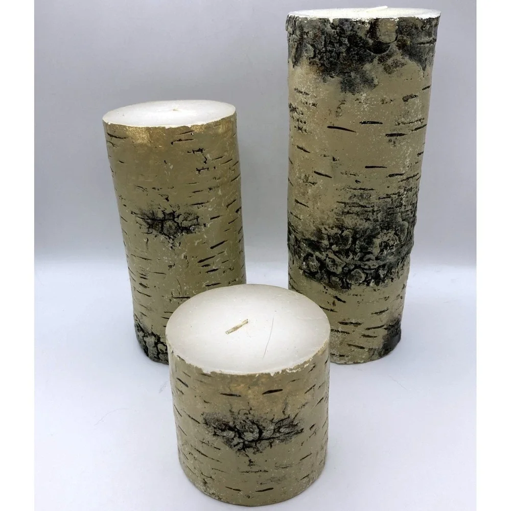 Pier One Faux Birch Candles Pedestal Set (3) Christmas Winter Rustic Cabin