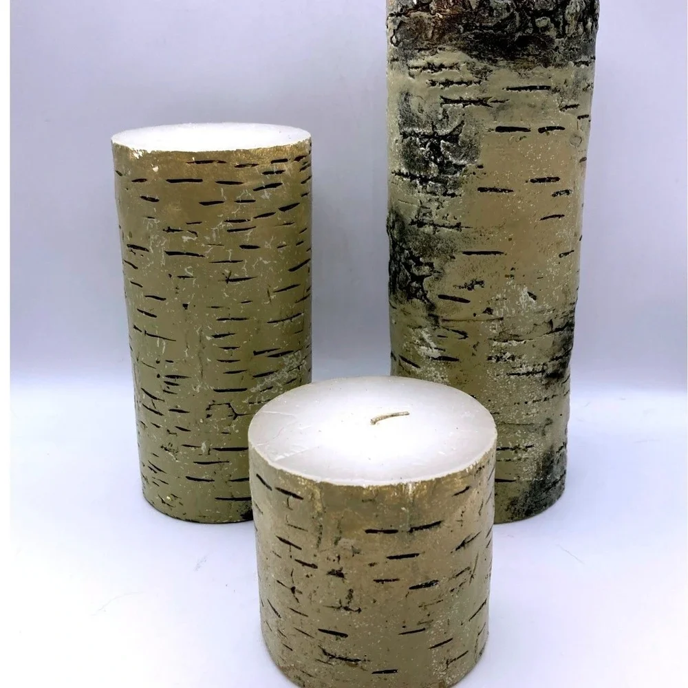 Pier One Faux Birch Candles Pedestal Set (3) Christmas Winter Rustic Cabin