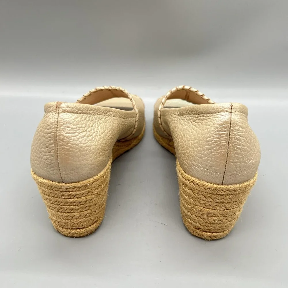 Jack Rogers Sandals Womens 9 Gold Leather Palmer Espadrille Peep Toe Wedge Shoes