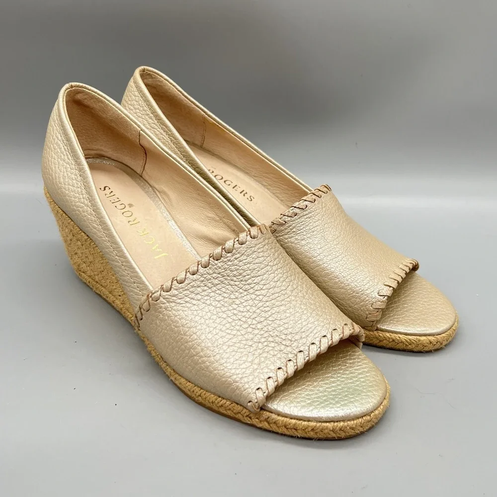 Jack Rogers Sandals Womens 9 Gold Leather Palmer Espadrille Peep Toe Wedge Shoes