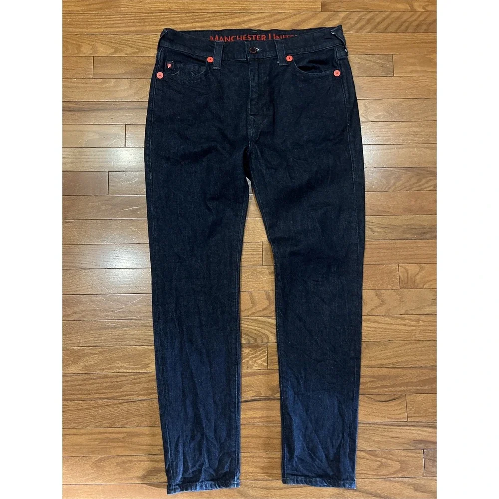 True Religion Manchester United Jack SE Jeans Mens 34x29 Dark Wash Red Stitch