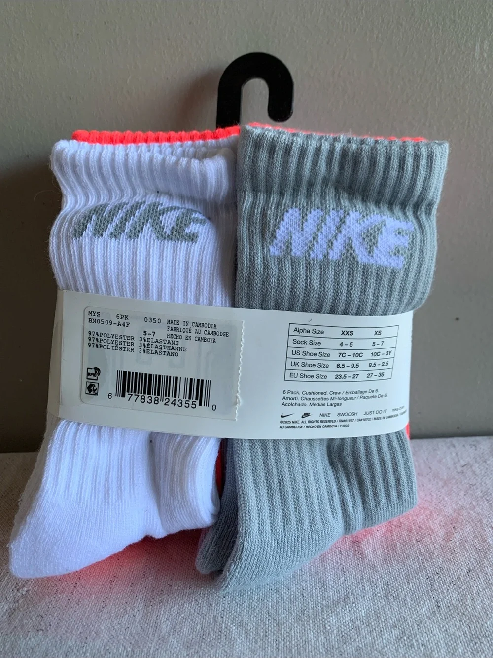 Nike Kids 6-Pack Cushioned Crew Socks in White, Gray & Neon Pink Logo