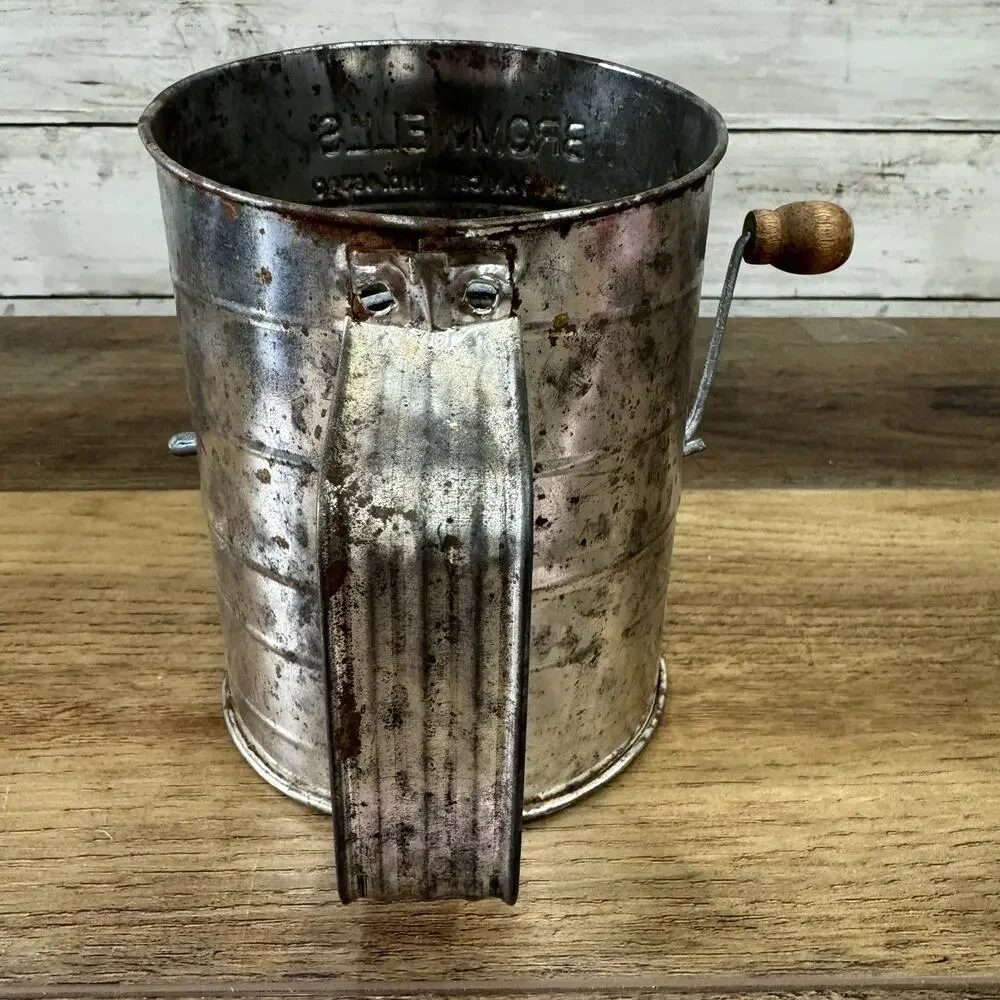 Vintage Bromwell's Measuring Cup Metal Flour Sifter Wood Handle
