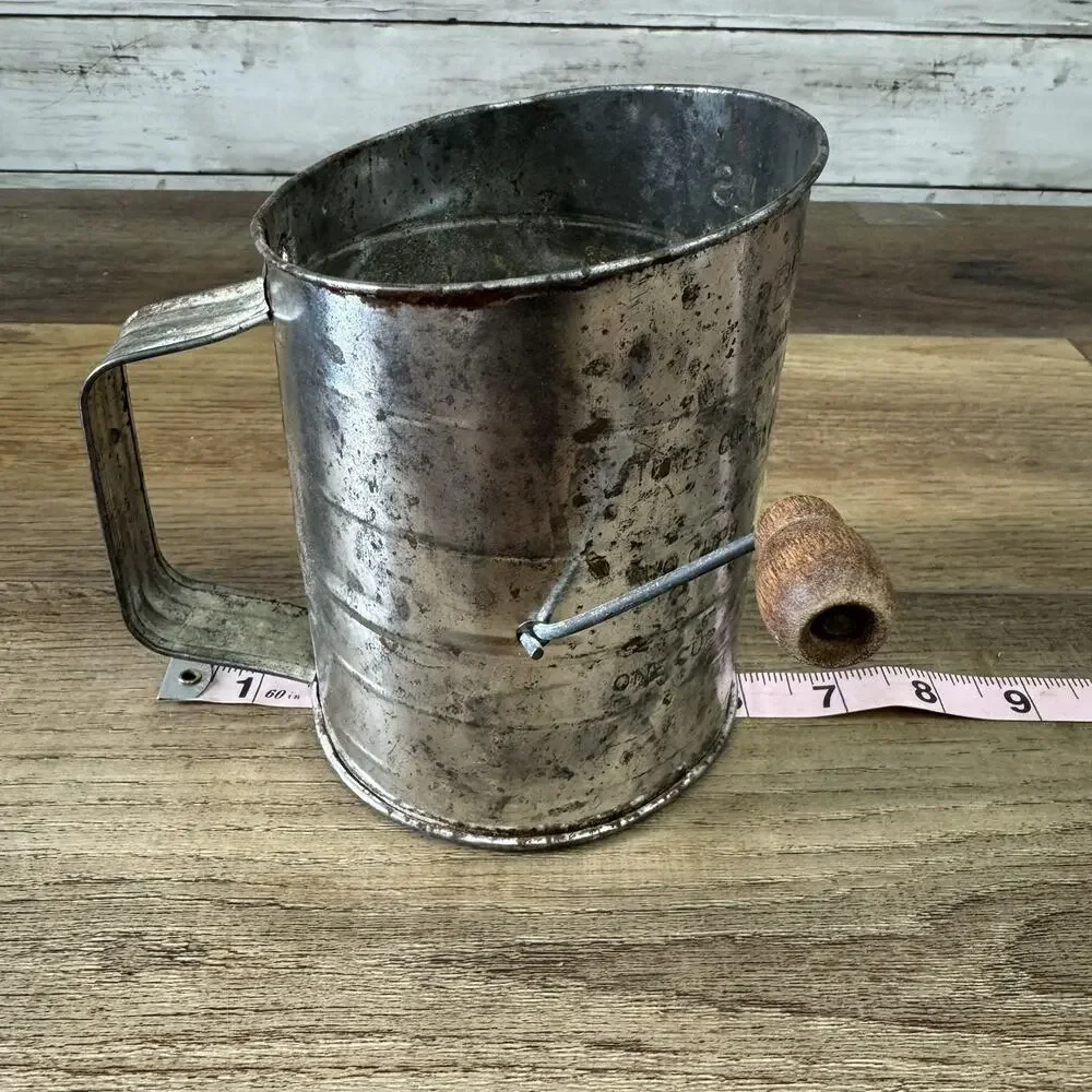 Vintage Bromwell's Measuring Cup Metal Flour Sifter Wood Handle