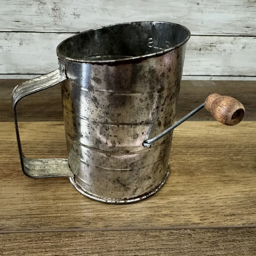 Vintage Bromwell's Measuring Cup Metal Flour Sifter Wood Handle