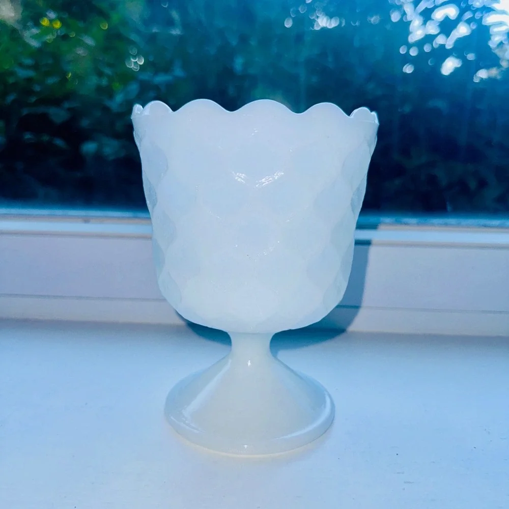 Vintage Milk Glass Pedestal Vase Scalloped Rim Diamond Point Quilted White