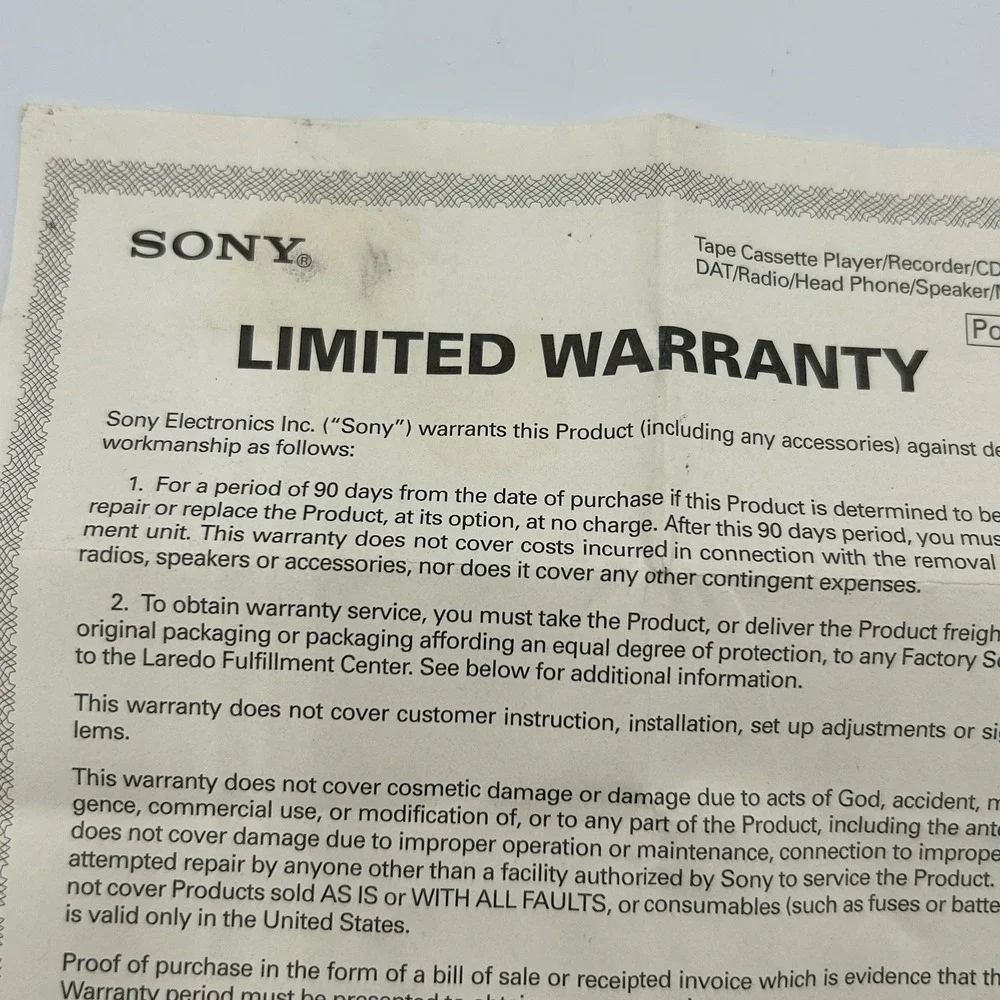 Sony Limited Warranty‎ Certificate for Portable Audio Devices 4-557-148-34