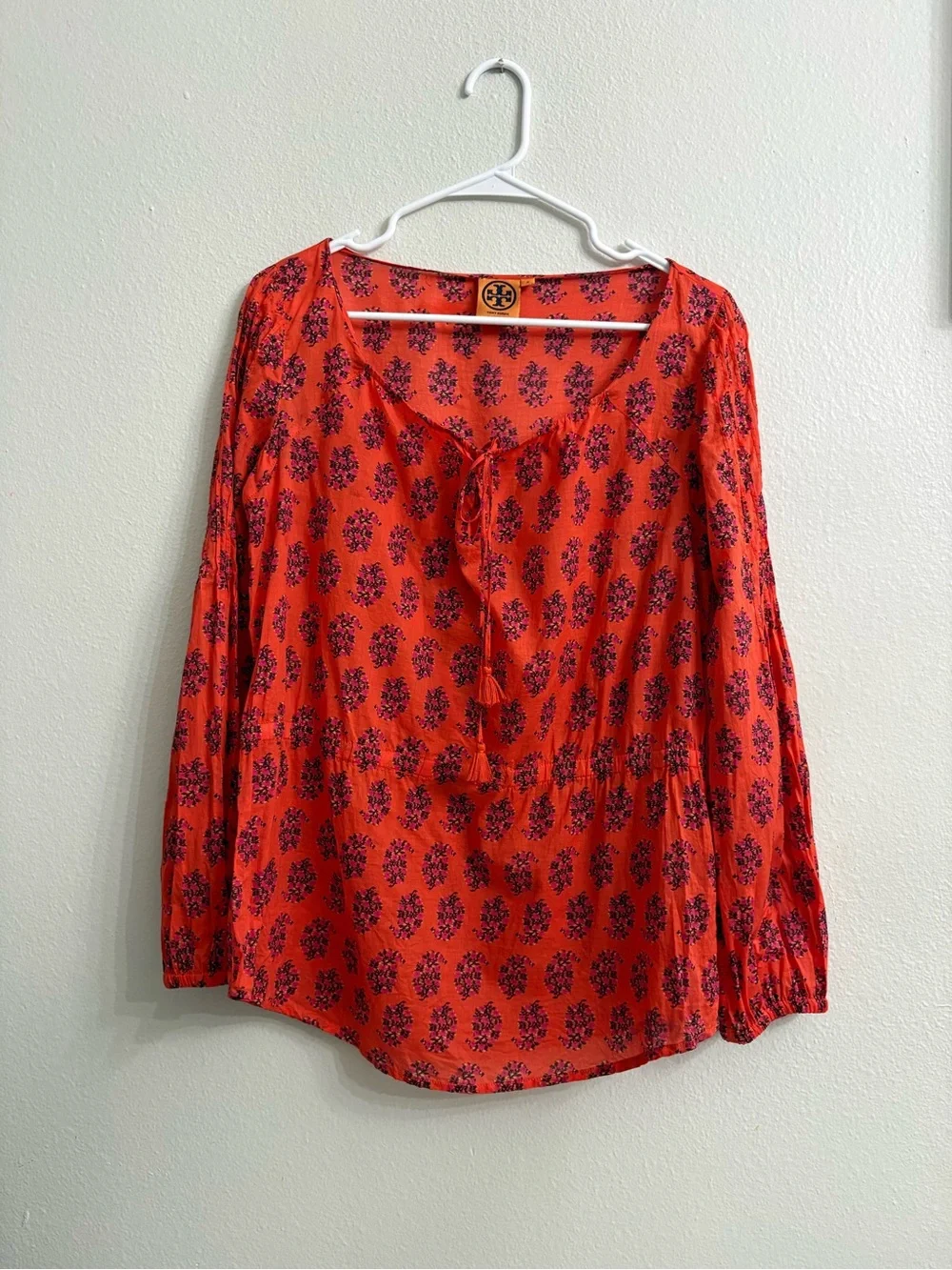 Tory Burch Bright Orange Floral Tie-Neck Blouse
