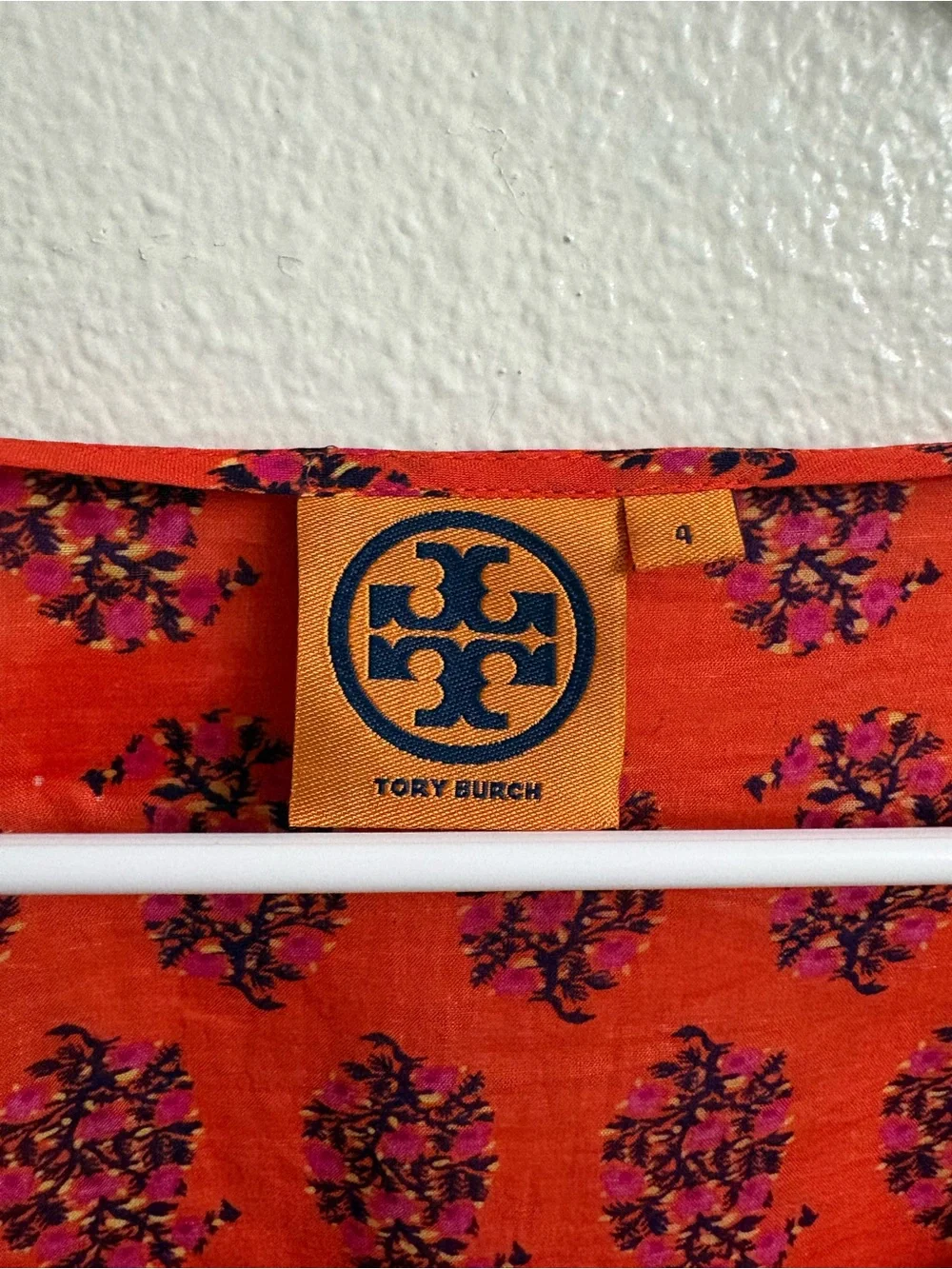 Tory Burch Bright Orange Floral Tie-Neck Blouse