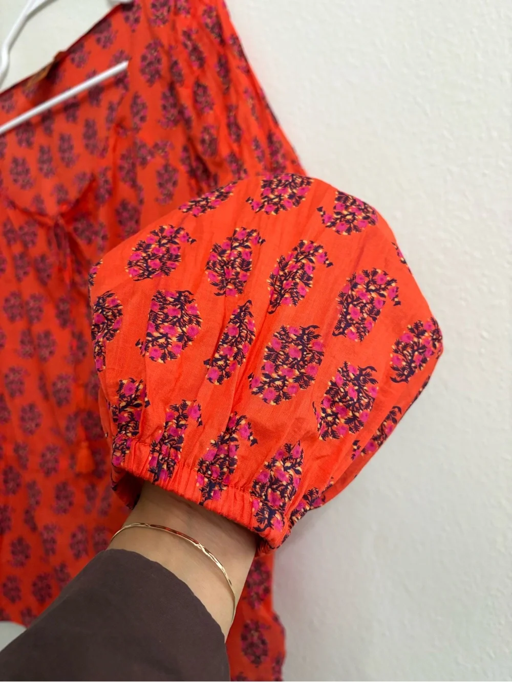 Tory Burch Bright Orange Floral Tie-Neck Blouse
