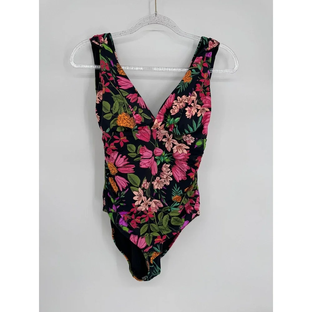 Time And Tru Slimming Silhouette One Piece‎ Swimsuit Black Pink Tropical Sz M