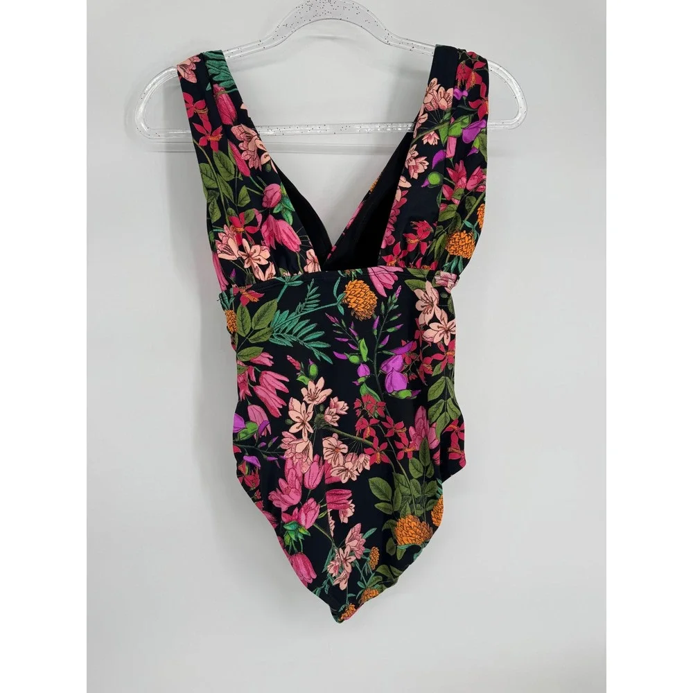 Time And Tru Slimming Silhouette One Piece‎ Swimsuit Black Pink Tropical Sz M