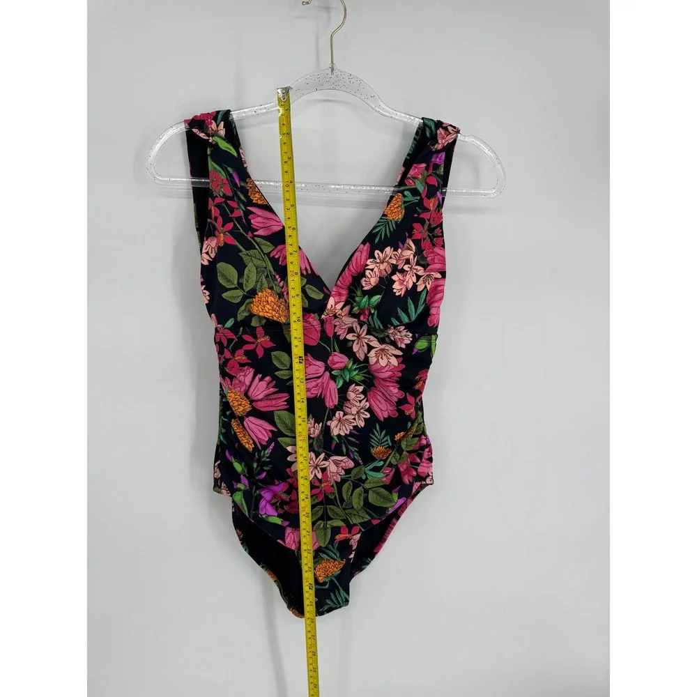 Time And Tru Slimming Silhouette One Piece‎ Swimsuit Black Pink Tropical Sz M