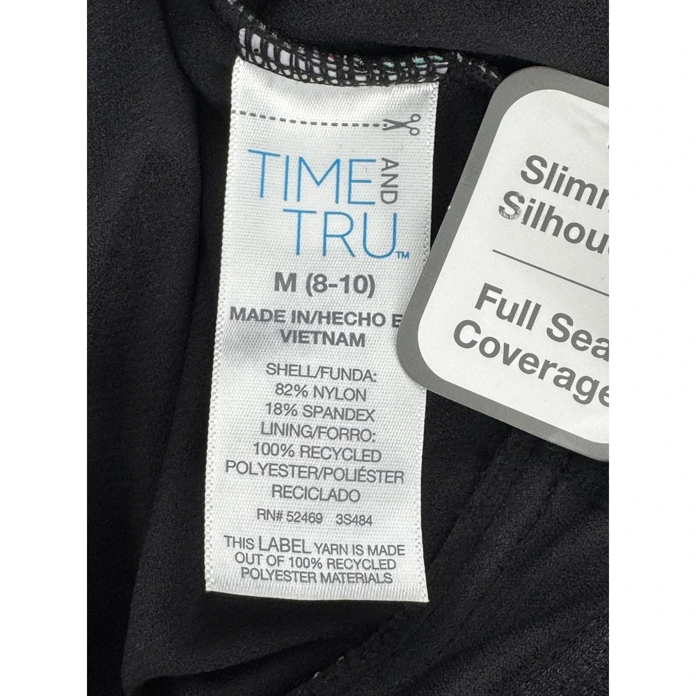 Time And Tru Slimming Silhouette One Piece‎ Swimsuit Black Pink Tropical Sz M