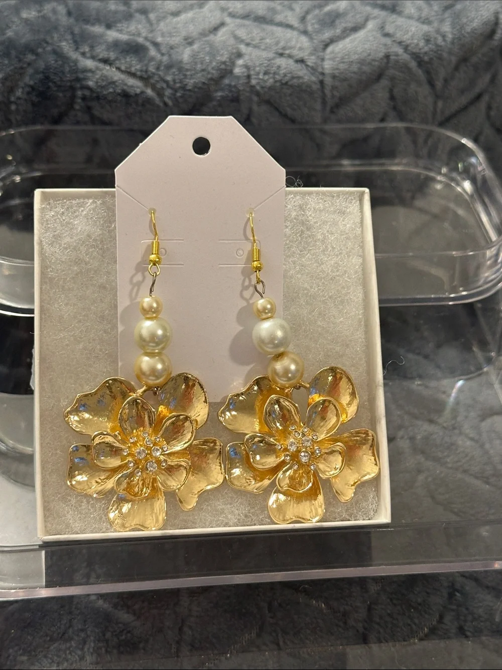 Handmade Gold Floral Drop Earrings with Pearl Beads