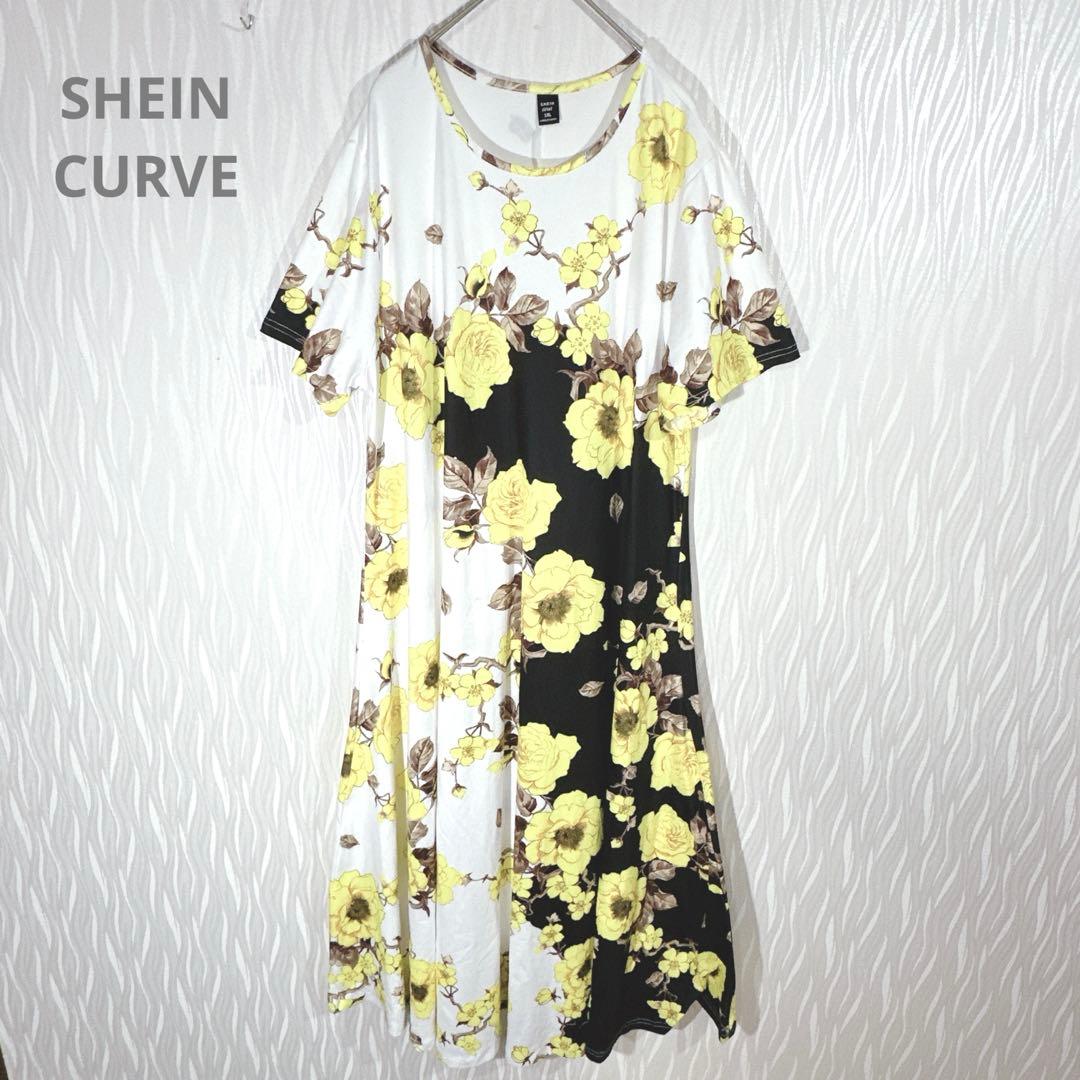 SHEIN CURVE Floral Print Dress, Short Sleeve, Flare, Two-Tone, Plus Size 1XL