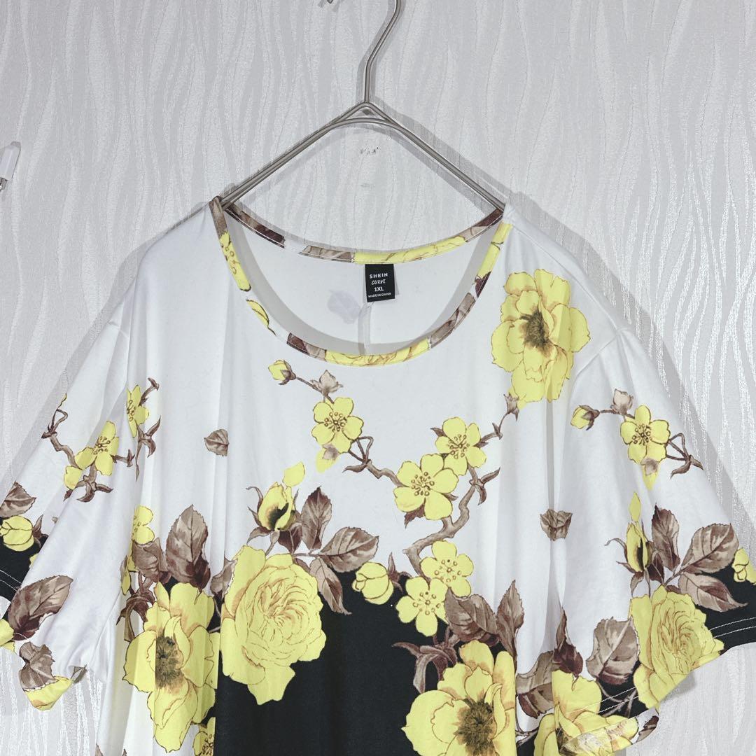 SHEIN CURVE Floral Print Dress, Short Sleeve, Flare, Two-Tone, Plus Size 1XL
