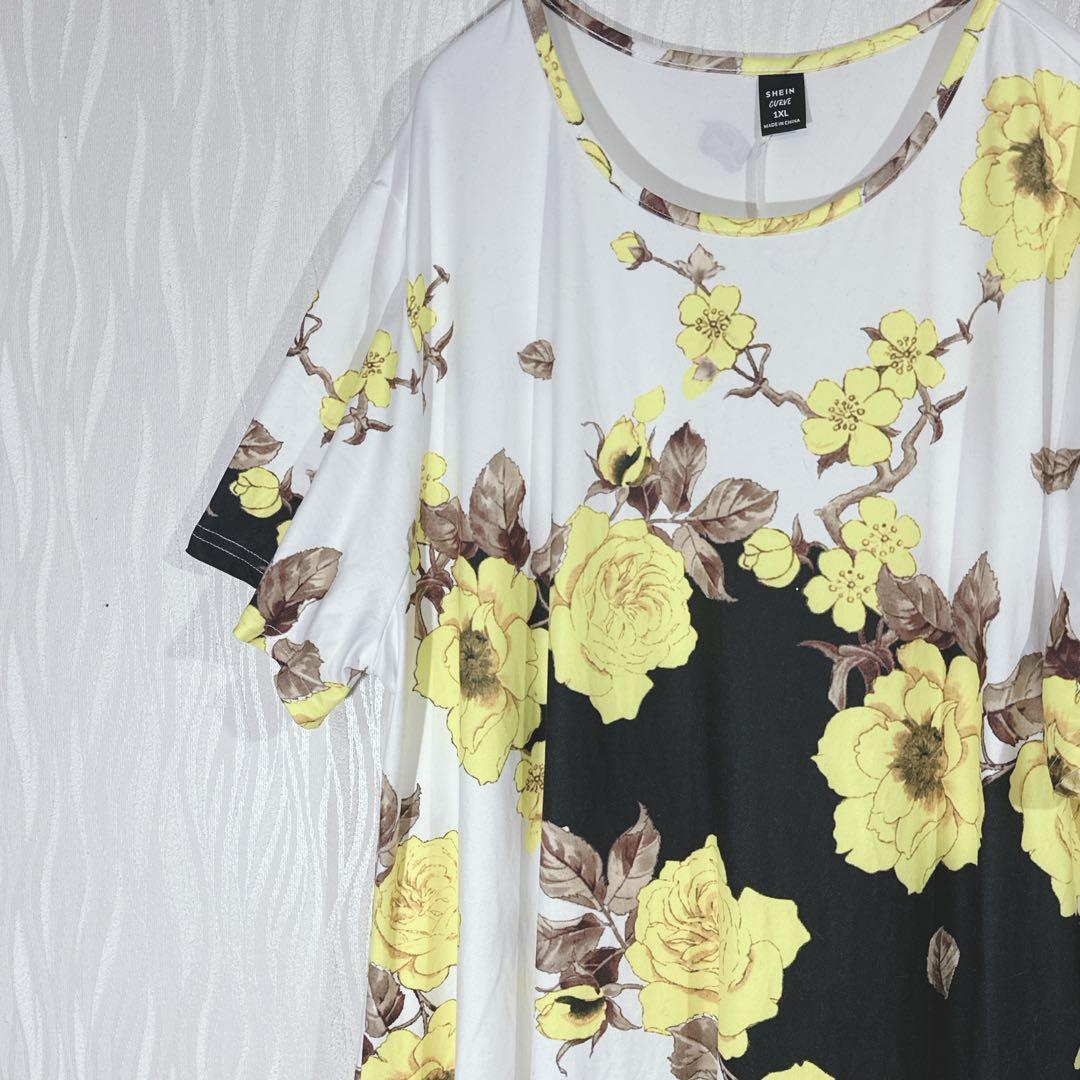 SHEIN CURVE Floral Print Dress, Short Sleeve, Flare, Two-Tone, Plus Size 1XL
