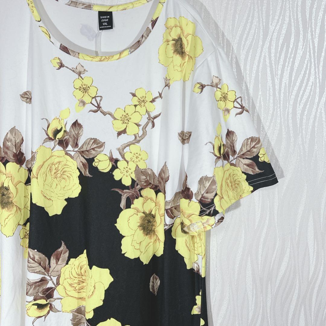 SHEIN CURVE Floral Print Dress, Short Sleeve, Flare, Two-Tone, Plus Size 1XL