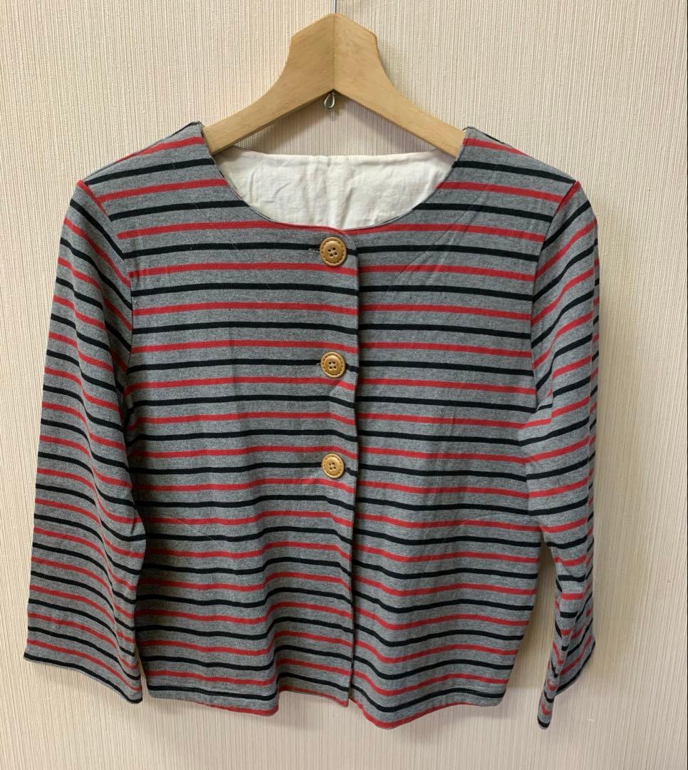 Cardigan, 3/4 sleeve, striped, gray, natural, Mori Girl style